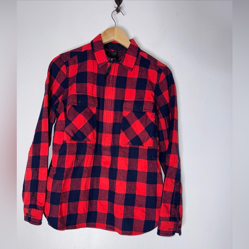 J Crew Red Blue Buffalo Check Half Zip Flannel Popover Shirt Small‎